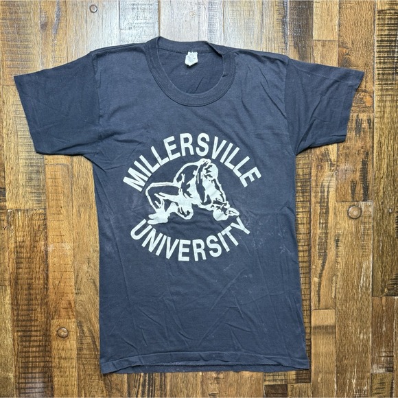 VTG 70s Millersville University Wrestling Tee Black Single Stitch Made USA M - Picture 1 of 8